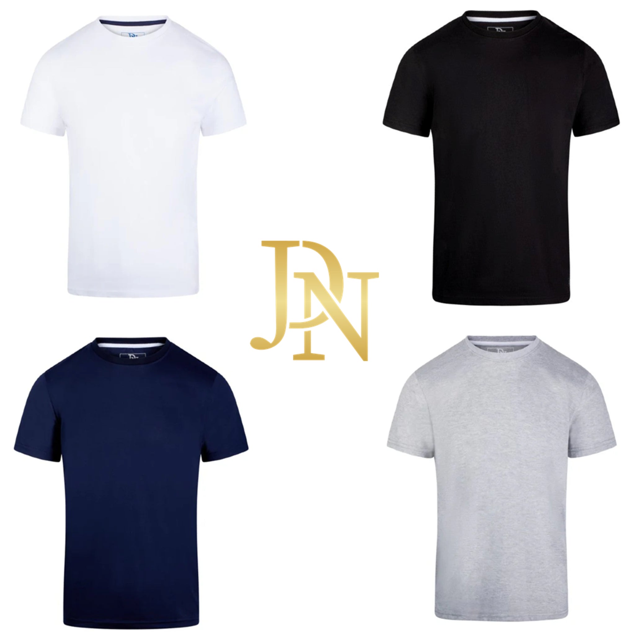 Men's JDN branded premium quality plain t-shirts 4 pack in white, navy blue, black and grey